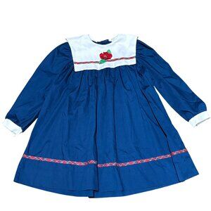 Peaches N Cream Girls Blue Christmas Dress 4T With Red Plaid Trim & White Collar